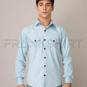 Frankshirt Double Pocket Light Blue Solid Tailored Fit Cotton Casual Shirt for Man