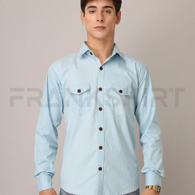 Frankshirt Double Pocket Light Blue Solid Tailored Fit Cotton Casual Shirt for Man