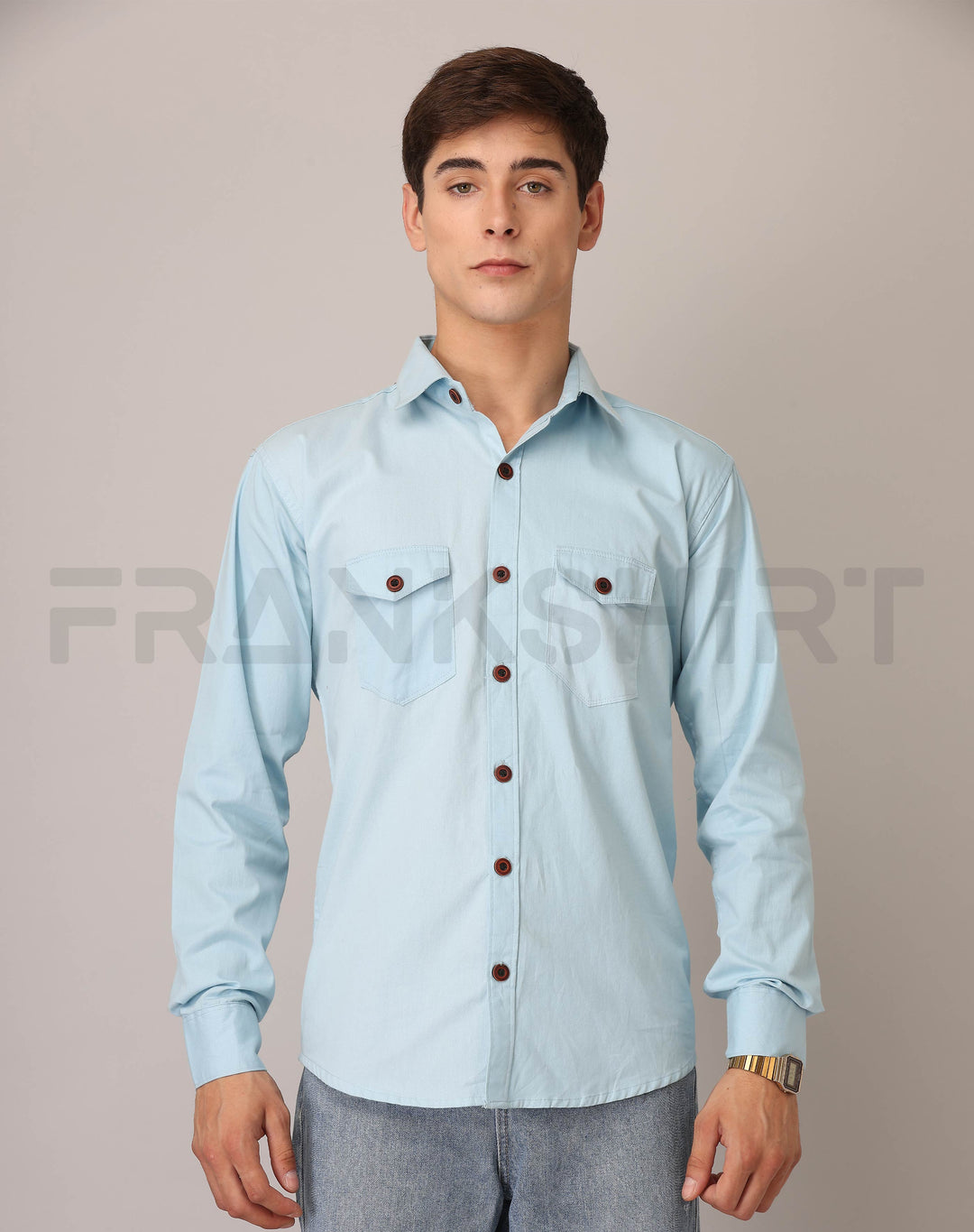 Frankshirt Double Pocket Light Blue Solid Tailored Fit Cotton Casual Shirt for Man