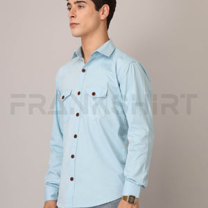 Frankshirt Double Pocket Light Blue Solid Tailored Fit Cotton Casual Shirt for Man