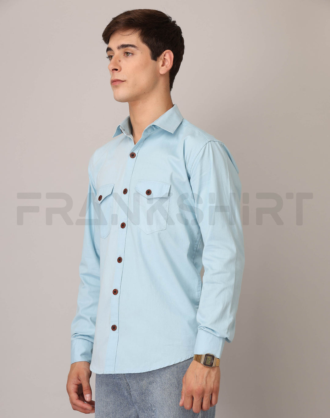 Frankshirt Double Pocket Light Blue Solid Tailored Fit Cotton Casual Shirt for Man