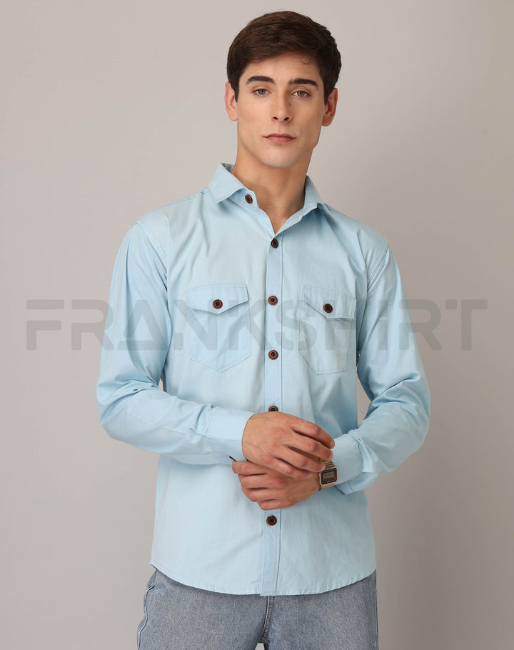 Frankshirt Double Pocket Light Blue Solid Tailored Fit Cotton Casual Shirt for Man