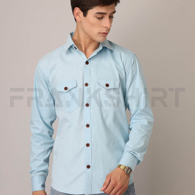 Frankshirt Double Pocket Light Blue Solid Tailored Fit Cotton Casual Shirt for Man