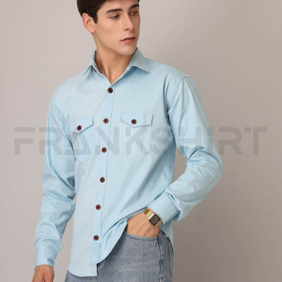 Frankshirt Double Pocket Light Blue Solid Tailored Fit Cotton Casual Shirt for Man