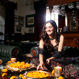 Mighty Black Mirror Work Printed Chanderi Lehenga Set