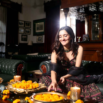 Mighty Black Mirror Work Printed Chanderi Lehenga Set