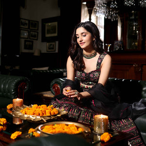 Mighty Black Mirror Work Printed Chanderi Lehenga Set