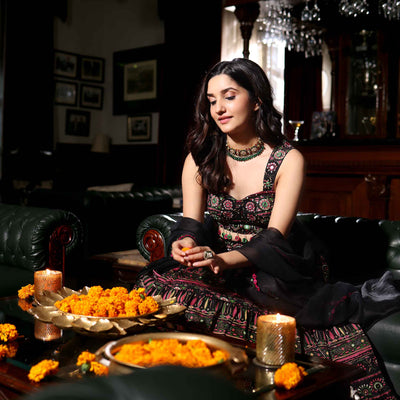 Mighty Black Mirror Work Printed Chanderi Lehenga Set
