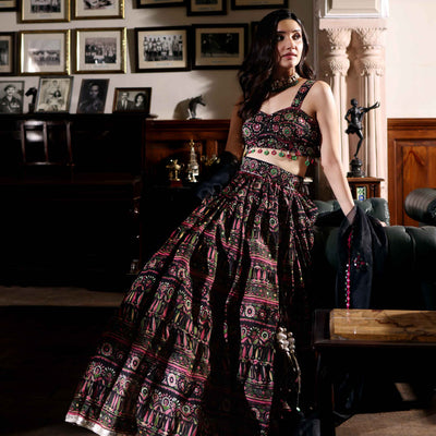 Mighty Black Mirror Work Printed Chanderi Lehenga Set