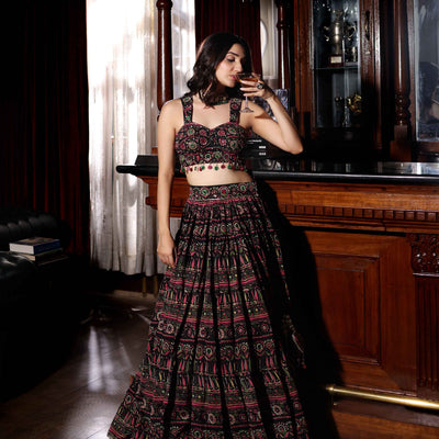 Mighty Black Mirror Work Printed Chanderi Lehenga Set