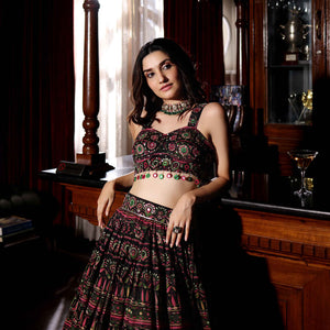 Mighty Black Mirror Work Printed Chanderi Lehenga Set