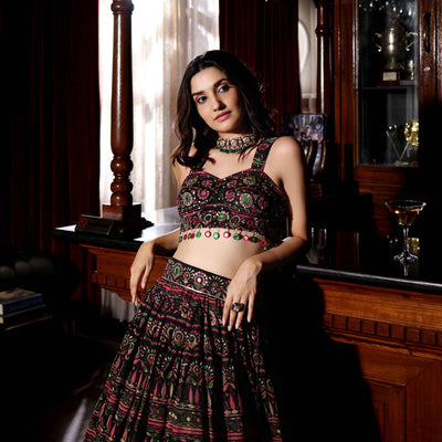 Mighty Black Mirror Work Printed Chanderi Lehenga Set
