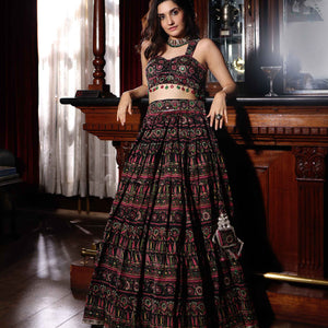Mighty Black Mirror Work Printed Chanderi Lehenga Set