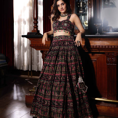 Mighty Black Mirror Work Printed Chanderi Lehenga Set