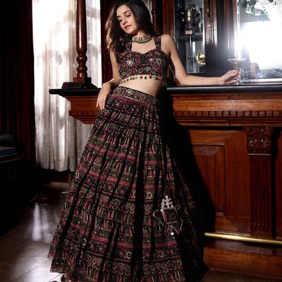Mighty Black Mirror Work Printed Chanderi Lehenga Set