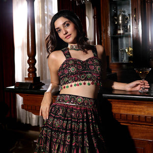 Mighty Black Mirror Work Printed Chanderi Lehenga Set