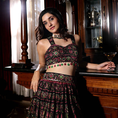 Mighty Black Mirror Work Printed Chanderi Lehenga Set