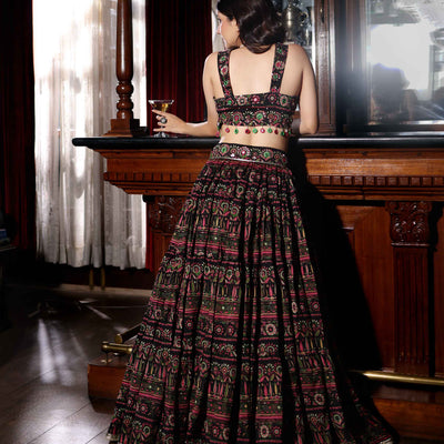 Mighty Black Mirror Work Printed Chanderi Lehenga Set