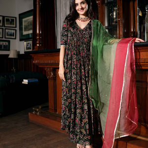 Florris Mush Black Printed Chinon Suit Set