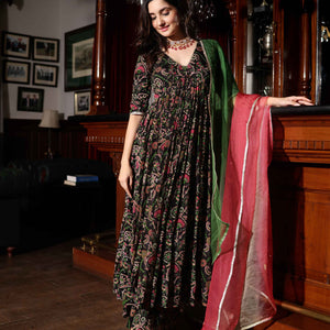Florris Mush Black Printed Chinon Suit Set