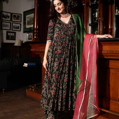 Florris Mush Black Printed Chinon Suit Set