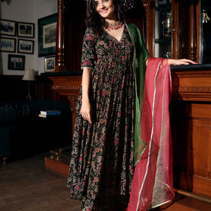 Florris Mush Black Printed Chinon Suit Set