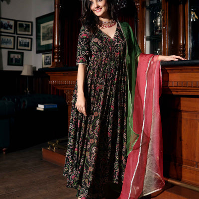 Florris Mush Black Printed Chinon Suit Set