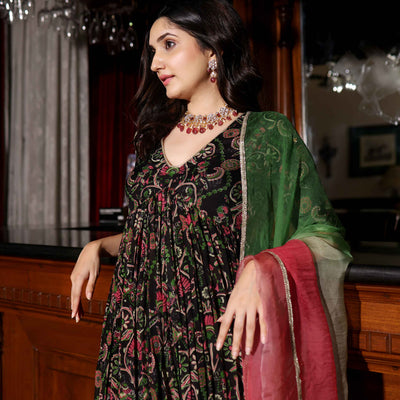 Florris Mush Black Printed Chinon Suit Set