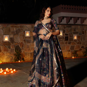 Laaya Blue Printed Hand Embroidered Satin Lehenga Set