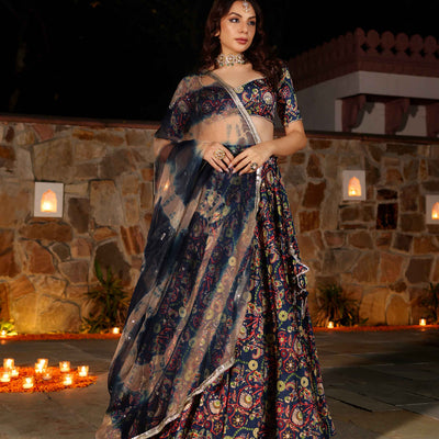 Laaya Blue Printed Hand Embroidered Satin Lehenga Set