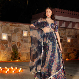 Laaya Blue Printed Hand Embroidered Satin Lehenga Set