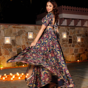 Laaya Blue Printed Hand Embroidered Satin Lehenga Set