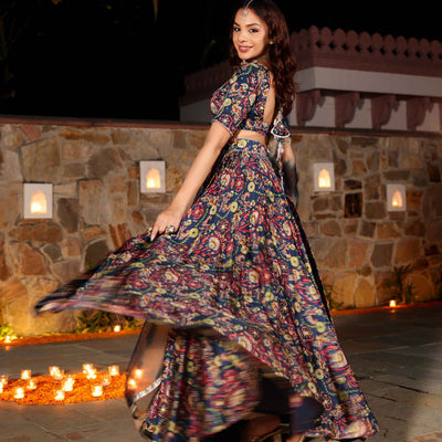 Laaya Blue Printed Hand Embroidered Satin Lehenga Set