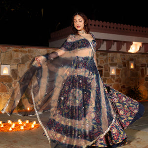 Laaya Blue Printed Hand Embroidered Satin Lehenga Set