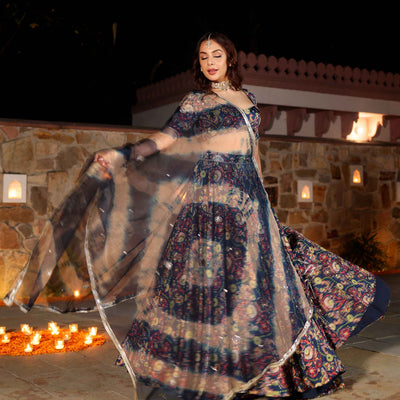 Laaya Blue Printed Hand Embroidered Satin Lehenga Set