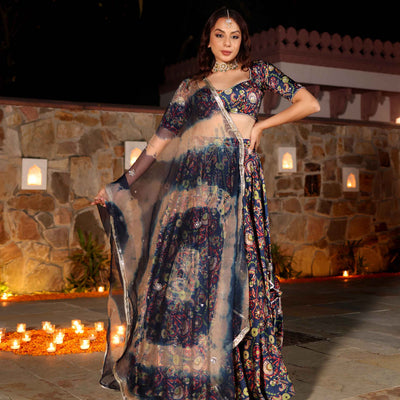 Laaya Blue Printed Hand Embroidered Satin Lehenga Set