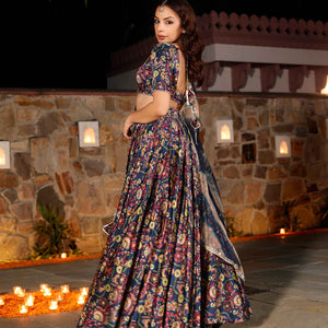 Laaya Blue Printed Hand Embroidered Satin Lehenga Set