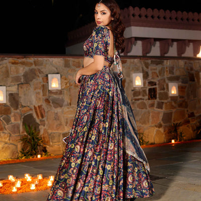 Laaya Blue Printed Hand Embroidered Satin Lehenga Set
