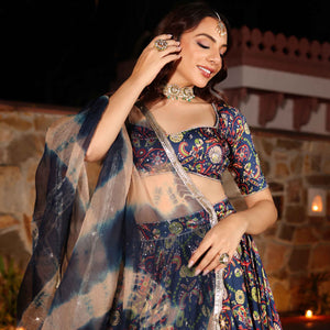 Laaya Blue Printed Hand Embroidered Satin Lehenga Set