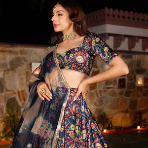 Laaya Blue Printed Hand Embroidered Satin Lehenga Set