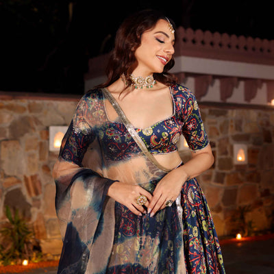 Laaya Blue Printed Hand Embroidered Satin Lehenga Set