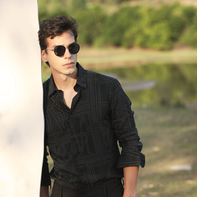 Rare Rabbit Men's Malfor Black Viscose Fabric Graphic Print Full Sleeves Shirt