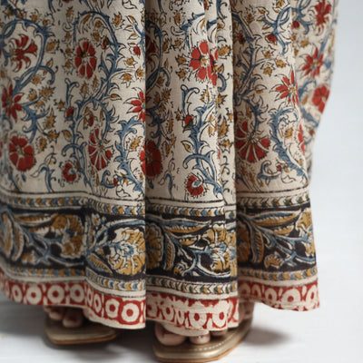 Beige - Pedana Block Print Cotton Kalamkari Saree