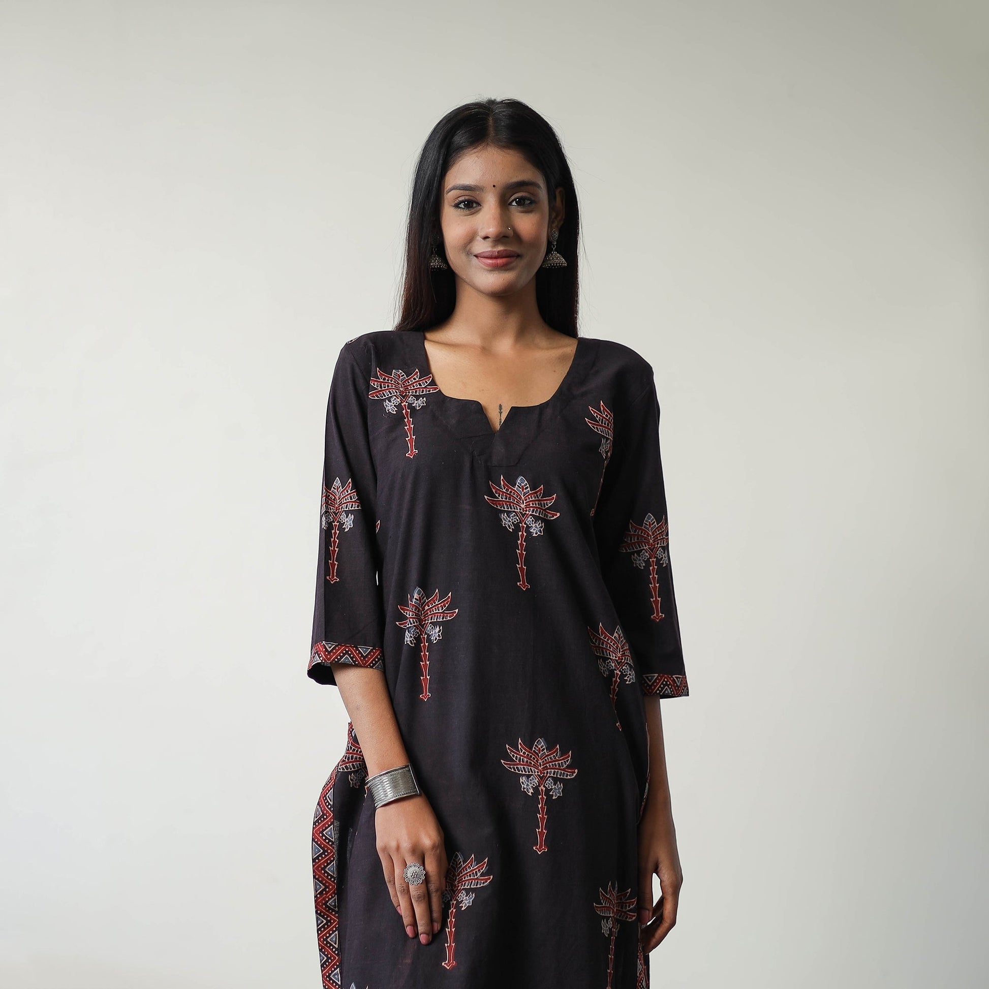 Black - Block Printed Cotton Straight Ajrakh Kurta 15