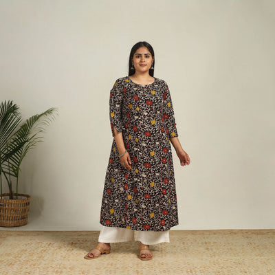 Black - Printed Cotton A-Line Kalamkari Kurta 02
