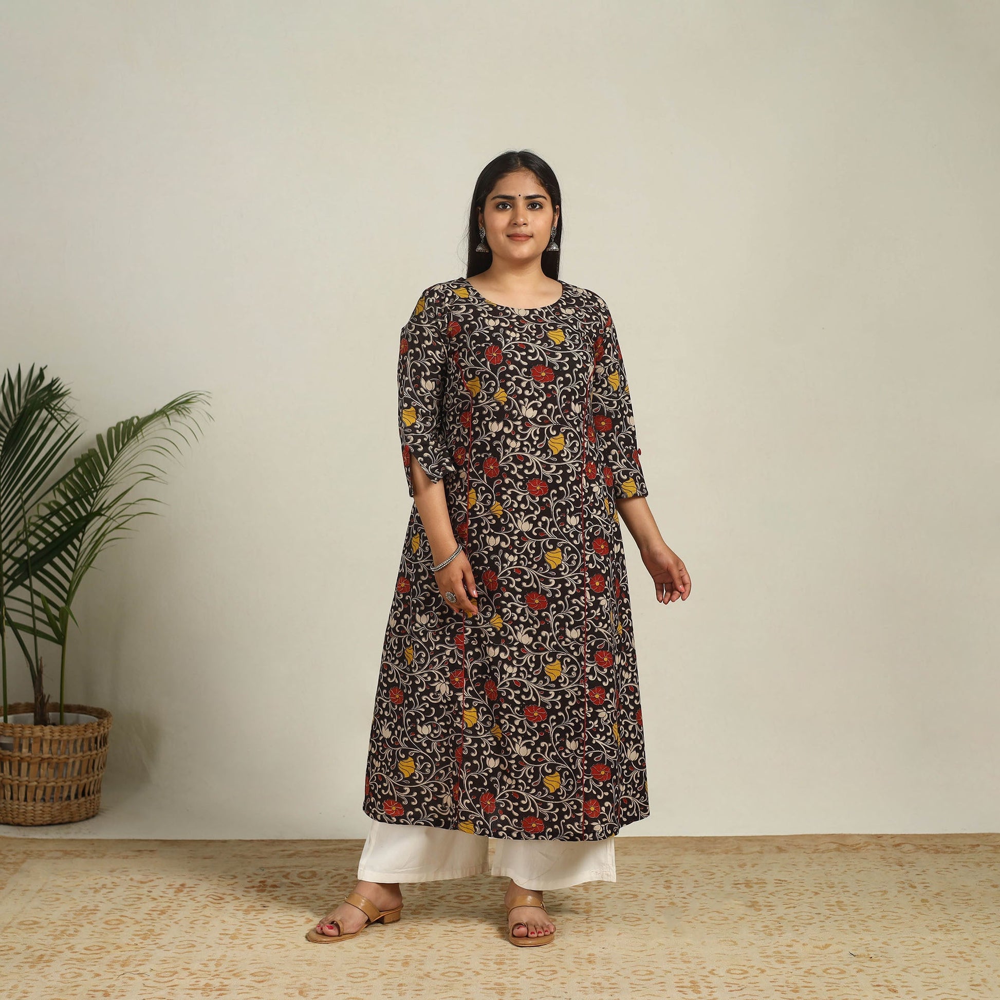 Black - Printed Cotton A-Line Kalamkari Kurta 02