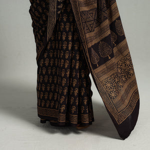 Brown - Natural Dyed Bagh Print Cotton Saree with Blouse Piece 08