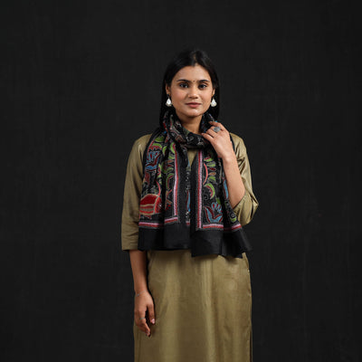Black - Handloom Silk Bengal Kantha Work Stole 34
