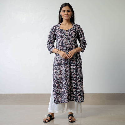 Black - Sanganeri Block Printed Cotton Straight Kurta 10