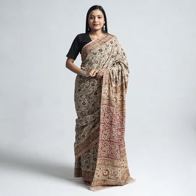 Beige - Pedana Block Print Cotton Kalamkari Saree